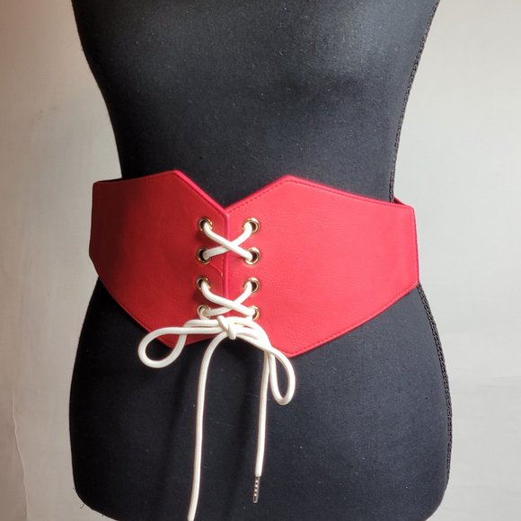 Women's LCF Steampunk Red and White Lace-up Elastic Waistband Corset Belt - Picture 4 of 17